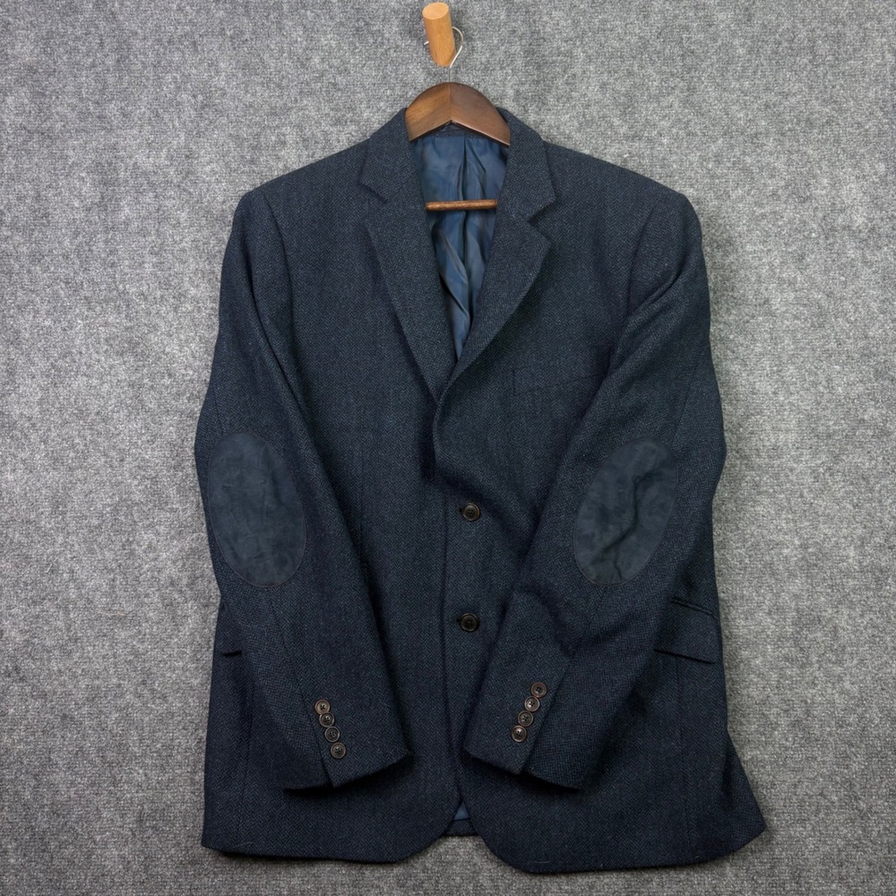 Walker Slater Martin Jacket Mens 44R Navy Wool Herringbone Blazer Elbow Patches